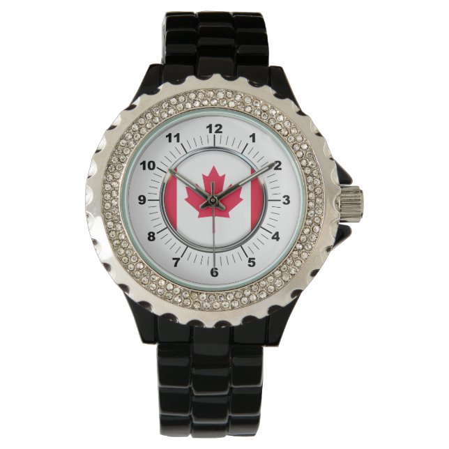 Relógio Bandeira do Canadá Rhinestone Black Enamel Watch (Frente)