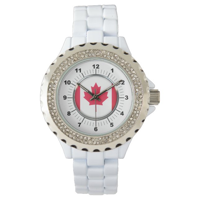 Relógio Bandeira do Canadá, Rinoestone White Enamel Watch (Frente)