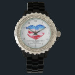 Relógio *~* Bandeira do Coração Azul Branco Veterano Milit<br><div class="desc">* Banda Negra Enamel Patriótica Clássica Moderna Bling em forma de Diamante Rhinestone Watercolor Design Woman's American Flag Wrist Watch. * Este design apresenta uma pintura em forma de aquarela em forma de coração USA Flag American Flag, que é também conhecida como Old Glory e Stars and Stripes. Esta design...</div>