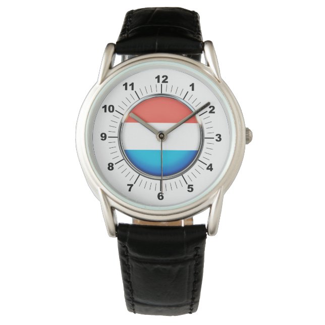 Relógio Bandeira do Luxemburgo, Black Leather Watch (Frente)