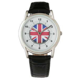 Relógio Bandeira do Reino Unido: Black Leather Strap Watch