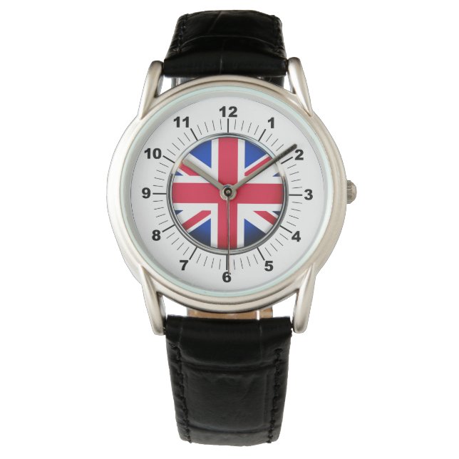 Relógio Bandeira do Reino Unido: Black Leather Strap Watch (Frente)