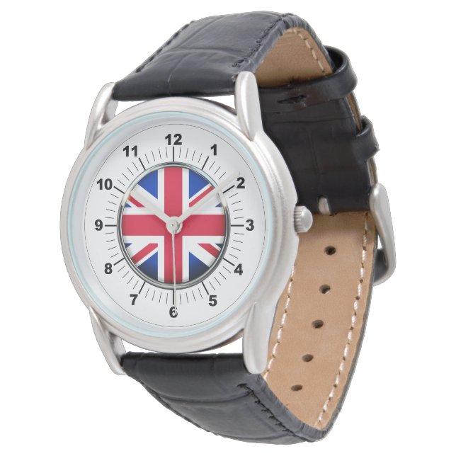 Relógio Bandeira do Reino Unido: Black Leather Strap Watch (Angular)