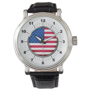 Relógio Bandeira dos EUA Vintage Black Leather Strap Watch