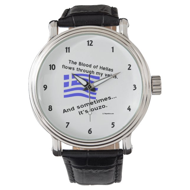 Relógio Bandeira Grega Hellas Sangue e Ouzo Números Pretos (Frente)