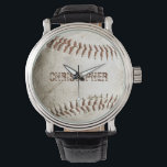 Relógio Baseball em Vintage Personalizado<br><div class="desc">Uma foto de um beisebol vestido fornece o fundo desse relógio personalizado,  com um nome personalizável em fontes angustiadas em uma sombra de castanho avermelhado que corresponde à costura. Ideal para o fã de beisebol ou esporte na sua lista de presentes.</div>