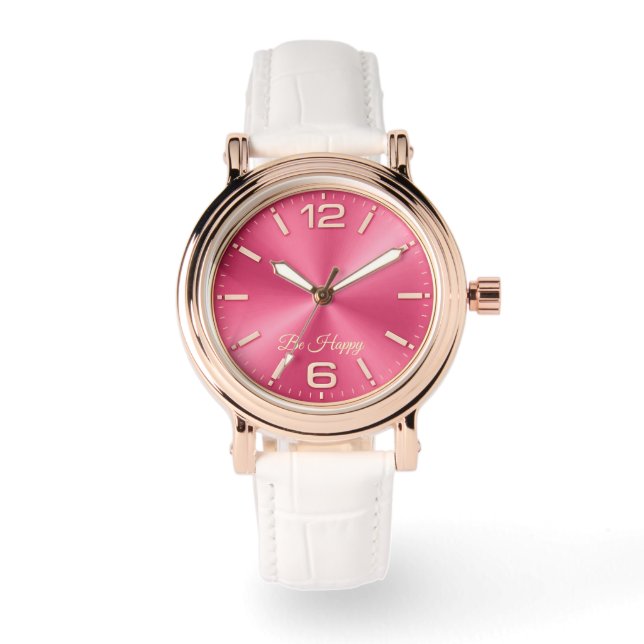 Relógio "Be Happy" Rosa Dourado e Rosa com Pulseir (Frente)