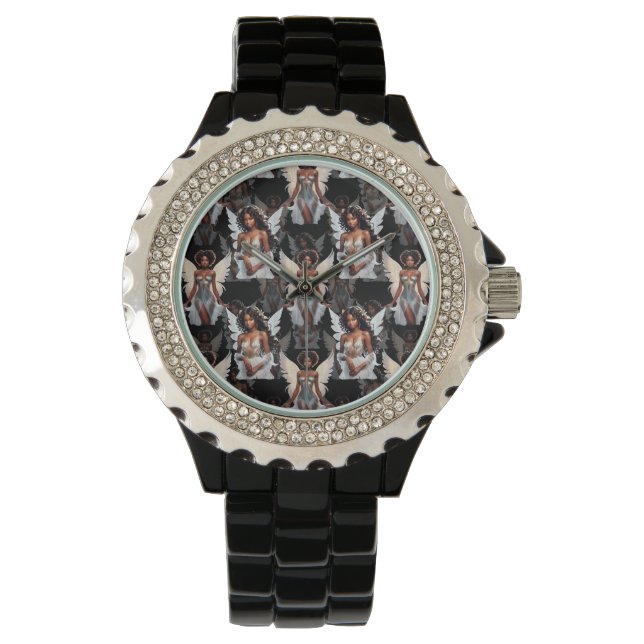 Relógio Beautiful Black Girl Angels Pattern Design -Dark (Frente)