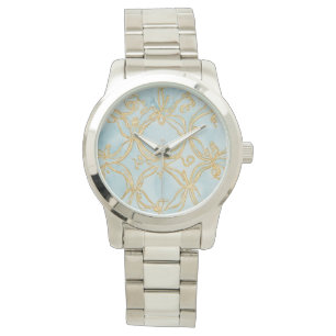 Relógio Belo Mosaico Azul Suave Dourado,Relógio Feminino