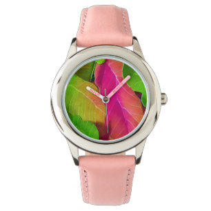 Relógio Belo padrão de folha rosa e verde