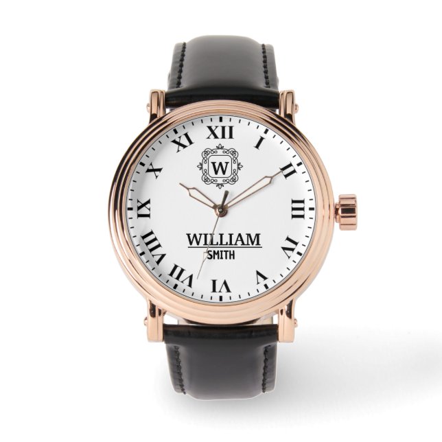 Relógio Black and white Roman numeral classic monogram (Frente)