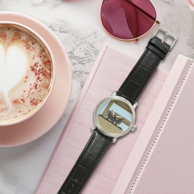 Relógio Black Cat Food Funny Hungry Kitty Humor (Criador carregado)