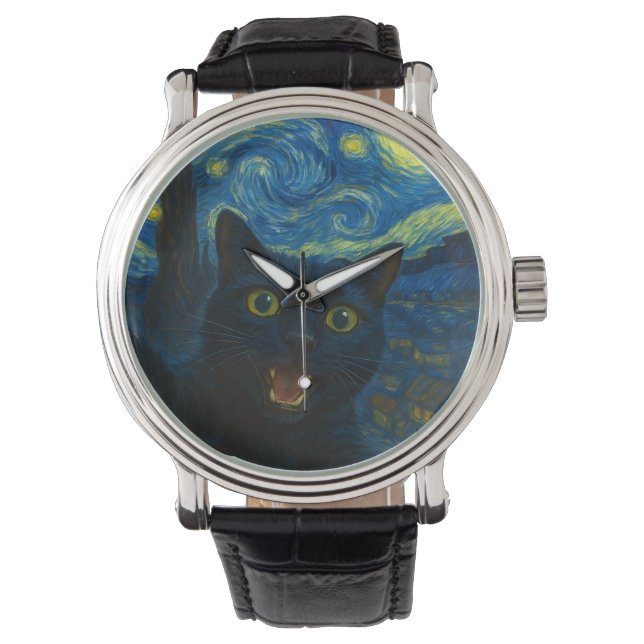 Relógio Black Cat Starry Night Van Gogh Cat Selfie (Frente)