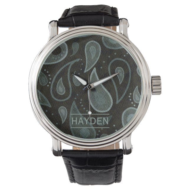 Relógio Black Grey Paisley Pattern Elegant Personalised (Frente)