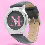 Relógio Black Modern Script Negra-Quente Girls Nome do Mon<br><div class="desc">Acessorize com elegância usando nosso Hot Pink Modern Script Girls Monograma Name Watch! Este na moda apresenta uma face rosa-quente vibrante, personalizada com seu nome em um script moderno para uma aparência exclusiva e personalizada. Perfeito para adicionar um pop de cor a qualquer equipamento, ele combina moda com funcionalidade. O...</div>