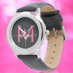 Relógio Black Modern Script Negra-Quente Girls Nome do Mon<br><div class="desc">Acessorize com elegância usando nosso Hot Pink Modern Script Girls Monograma Name Watch! Este na moda apresenta uma face rosa-quente vibrante, personalizada com seu nome em um script moderno para uma aparência exclusiva e personalizada. Perfeito para adicionar um pop de cor a qualquer equipamento, ele combina moda com funcionalidade. O...</div>