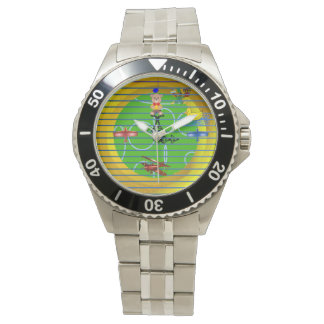 Relógio Blocos Rosa Plana em Verde Dourado