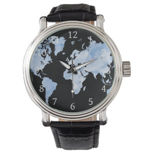 Relógio Blue Black World Map Design 75