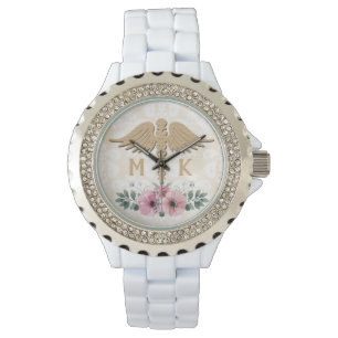 Relógio Blush Floral e Monograma Dourado
