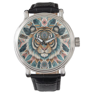 Relógio Boho mandala tigre penas