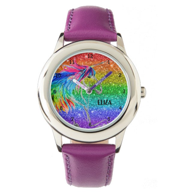 Relógio Boho Rainbow Glitter Cute Girls Unicorn Kids Watch (Frente)