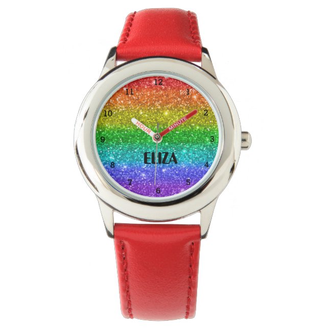 Relógio Boho Rainbow Glitter Glitter Glitter Meninas Rosa  (Frente)