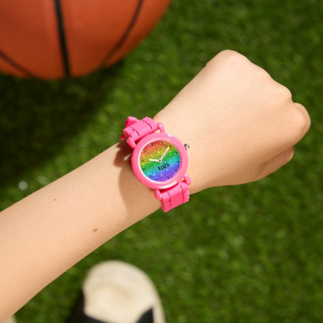 Relógio Boho Rainbow Glitter Glitter Glitter Meninas Rosa  (Pulso)