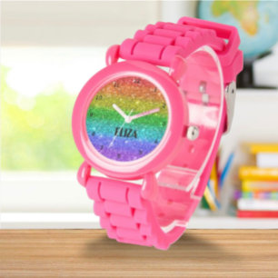Relógio Boho Rainbow Glitter Glitter Glitter Meninas Rosa