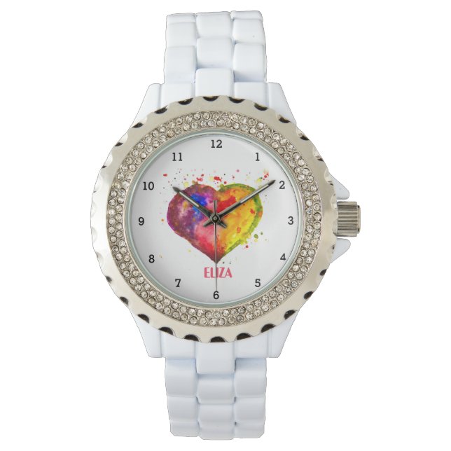 Relógio Boho Rainbow Heart Watercolor Cute Pink Mulher (Frente)