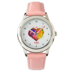 Relógio Boho Rainbow Heart Watercolor Girls Cute Pink Kids