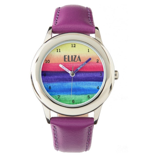 Relógio Boho Rainbow Watercolor Meninas Cute Rosa Meninas  (Frente)