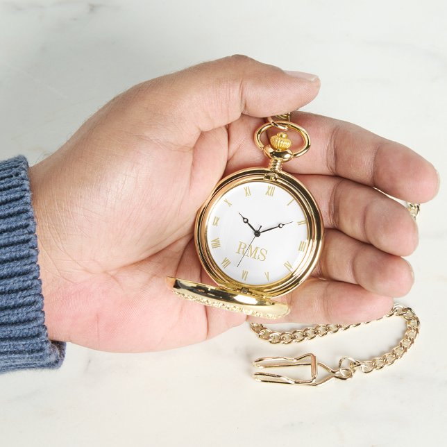 Relógio Bolso branco Dourado branco de Timepécia Clássica (Classic Timepiece White Gold Monogrammed Pocket Watch)