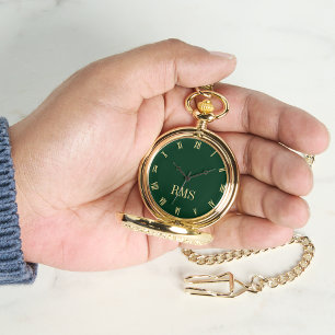 Relógio Bolso Retroativo Clássico Monograma Verde Dourado 