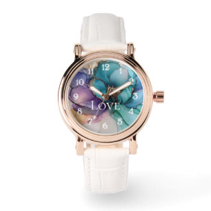 Relógio Bonito Aqua Azul Roxo Dourado Amor Floral