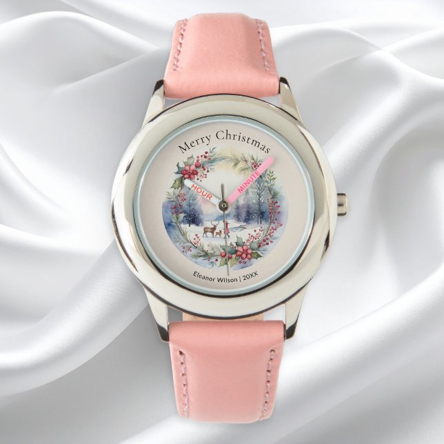 Relógio Bonito Cena de Neve de inverno Personalizada (A personalized watch with 'Merry Christmas’ greeting and a pretty snow scene in a watercolor style)