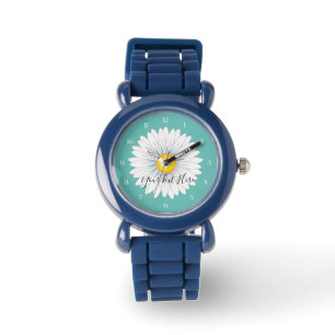 Relógio Bonito Crianças margaridas preto-bezel ajustável