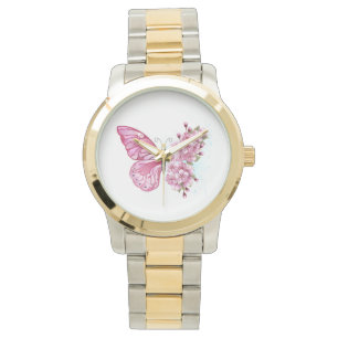 Relógio Borboleta Flor com Sakura Rosa