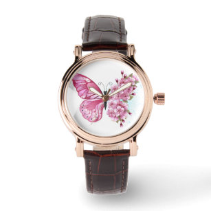 Relógio Borboleta Flor com Sakura Rosa