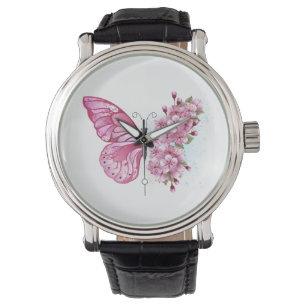 Relógio Borboleta Flor com Sakura Rosa