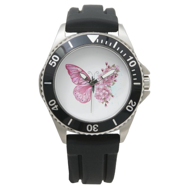 Relógio Borboleta Flor com Sakura Rosa (Frente)