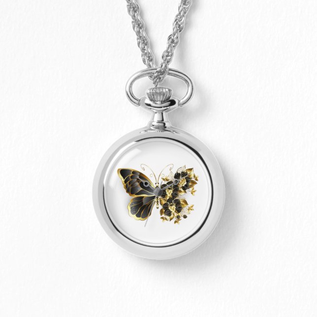 Relógio Borboleta Flor Dourada com Orquídea Preta (Frente)