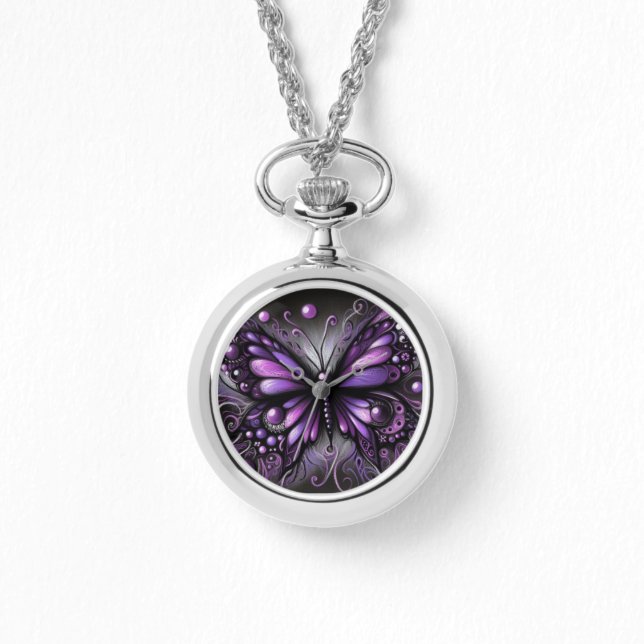Relógio Borboleta Gótica Whimsical Purple Black Colortion (Frente)