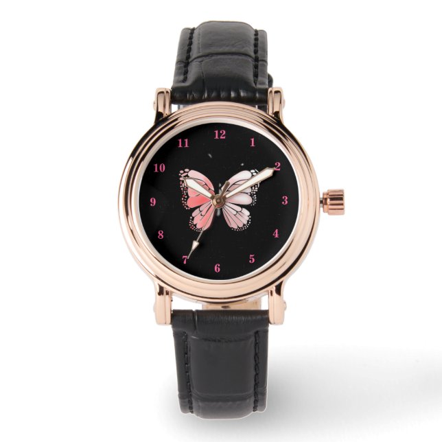Relógio Borboleta Rosa E Arte Rosa (Frente)