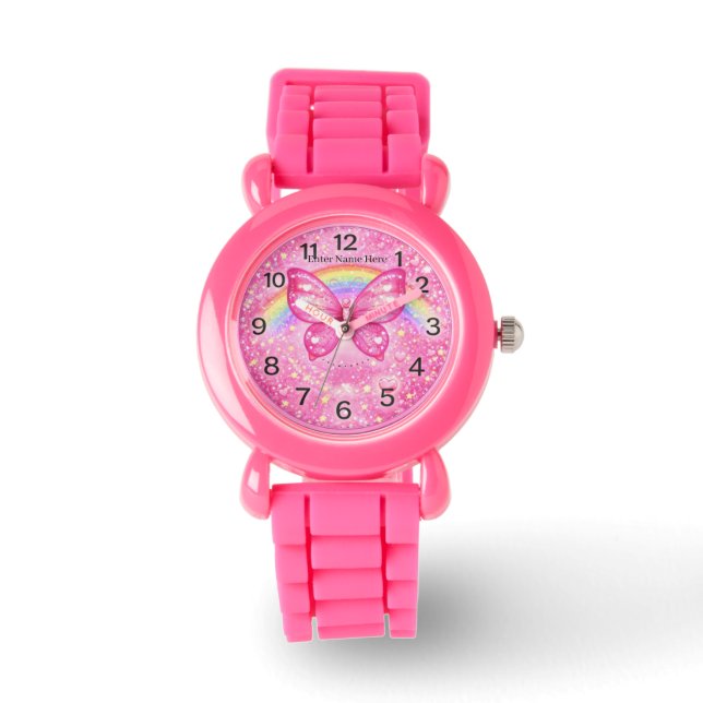 Relógio Borboleta Rosa Personalizado para Meninas  (Frente)