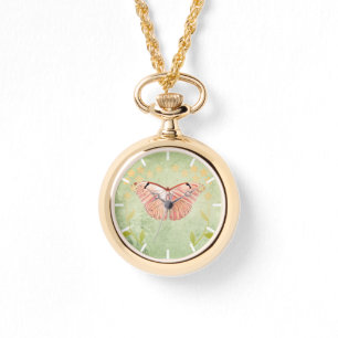 Relógio Borboleta rosa sobre fundo verde
