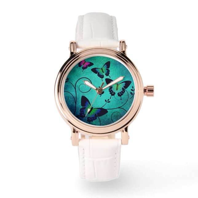 Relógio Borboletas de joias do ornamentado Azul (Frente)