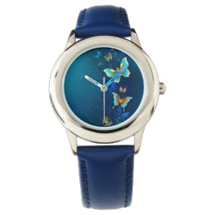Relógio Borboletas de ouro em um fundo azul