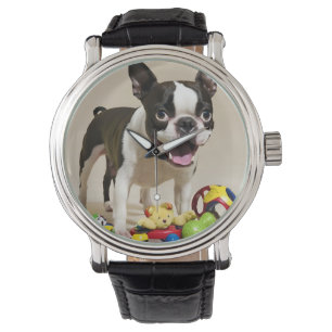 Relógio Boston Terrier Dog Brincando com Brinquedos