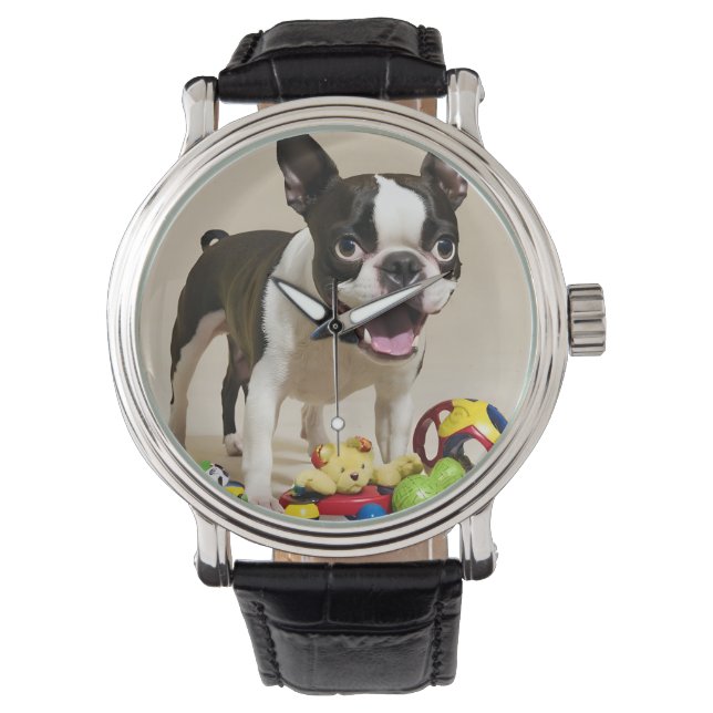 Relógio Boston Terrier Dog Brincando com Brinquedos (Frente)