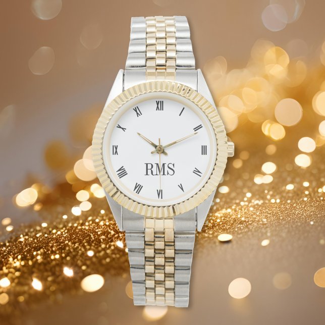 Relógio Bracelete de Tone Silver Dourado Monograma Branco (Black and White Monogram Gold Silver Tone Bracelet Watch)